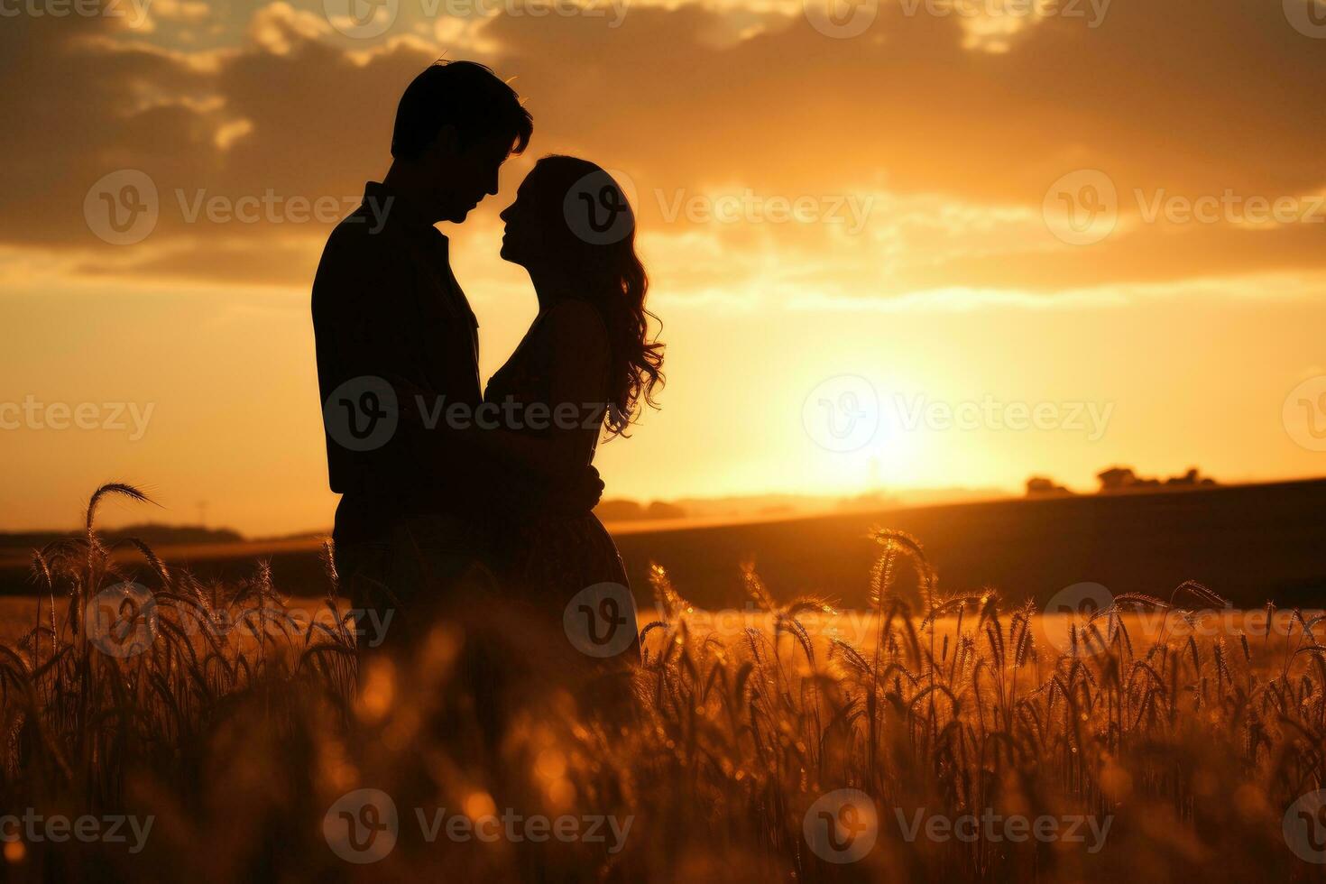 AI generated a couple of love standing in a field of wheat at sunset . generative ai photo