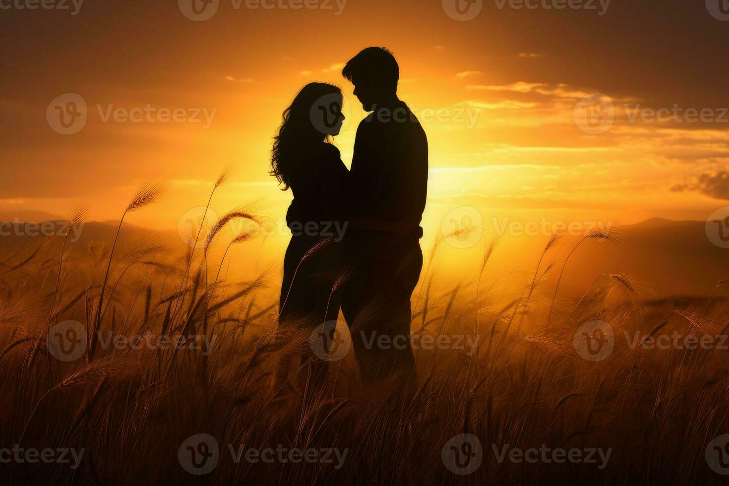 AI generated a couple of love standing in a field of wheat at sunset . generative ai photo