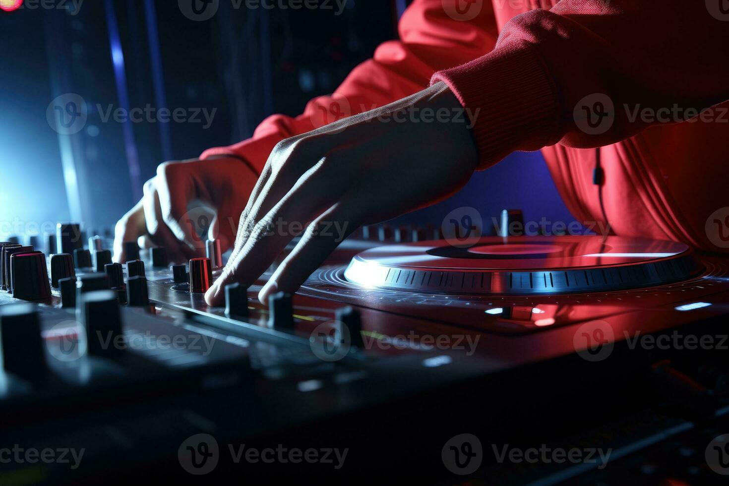 AI generated Afro - American DJ hands playing music, closeup. Generative AI photo