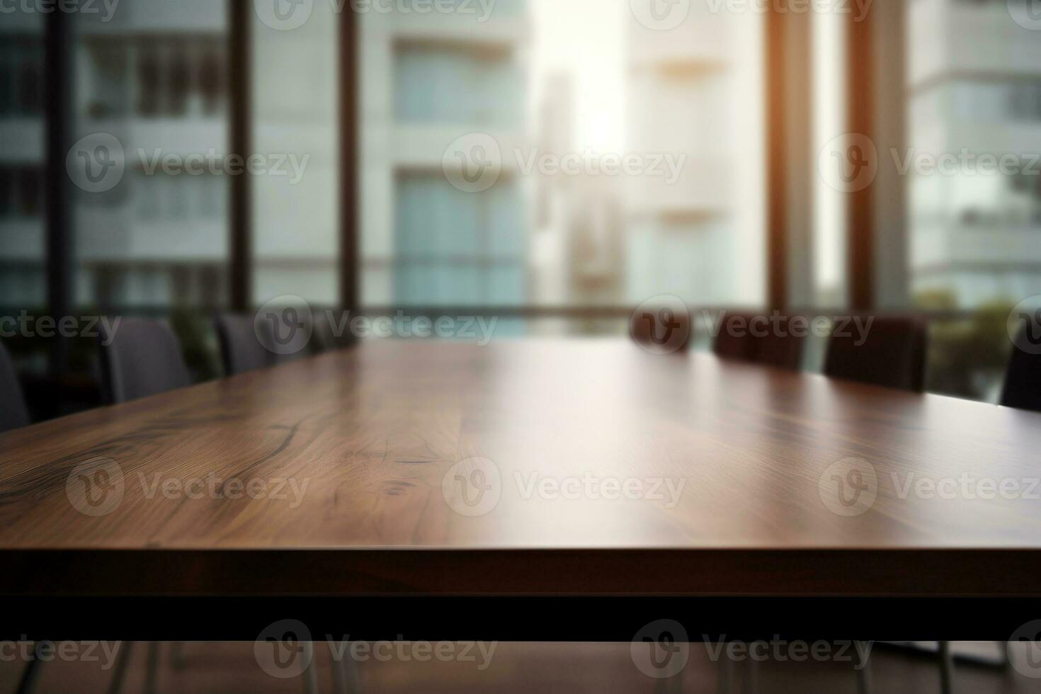 AI generated Empty wooden table and chairs in a modern meeting room with city view. Generative AI photo