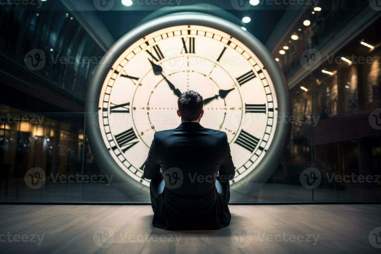 AI generated Concept of time management with man and big clock. Generative AI. photo