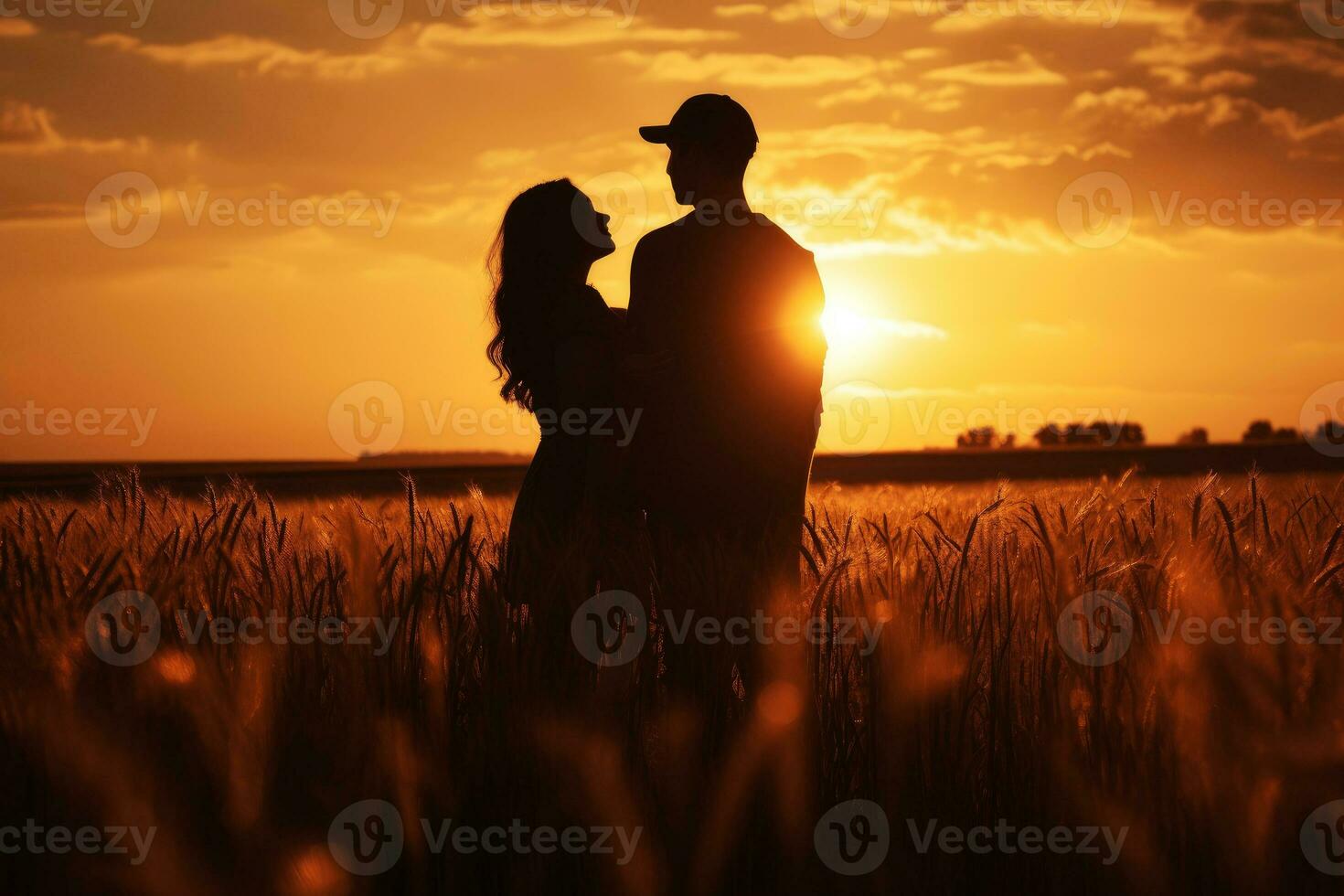 ai generado un Pareja de amor en pie en un campo de trigo a puesta de sol . generativo ai foto