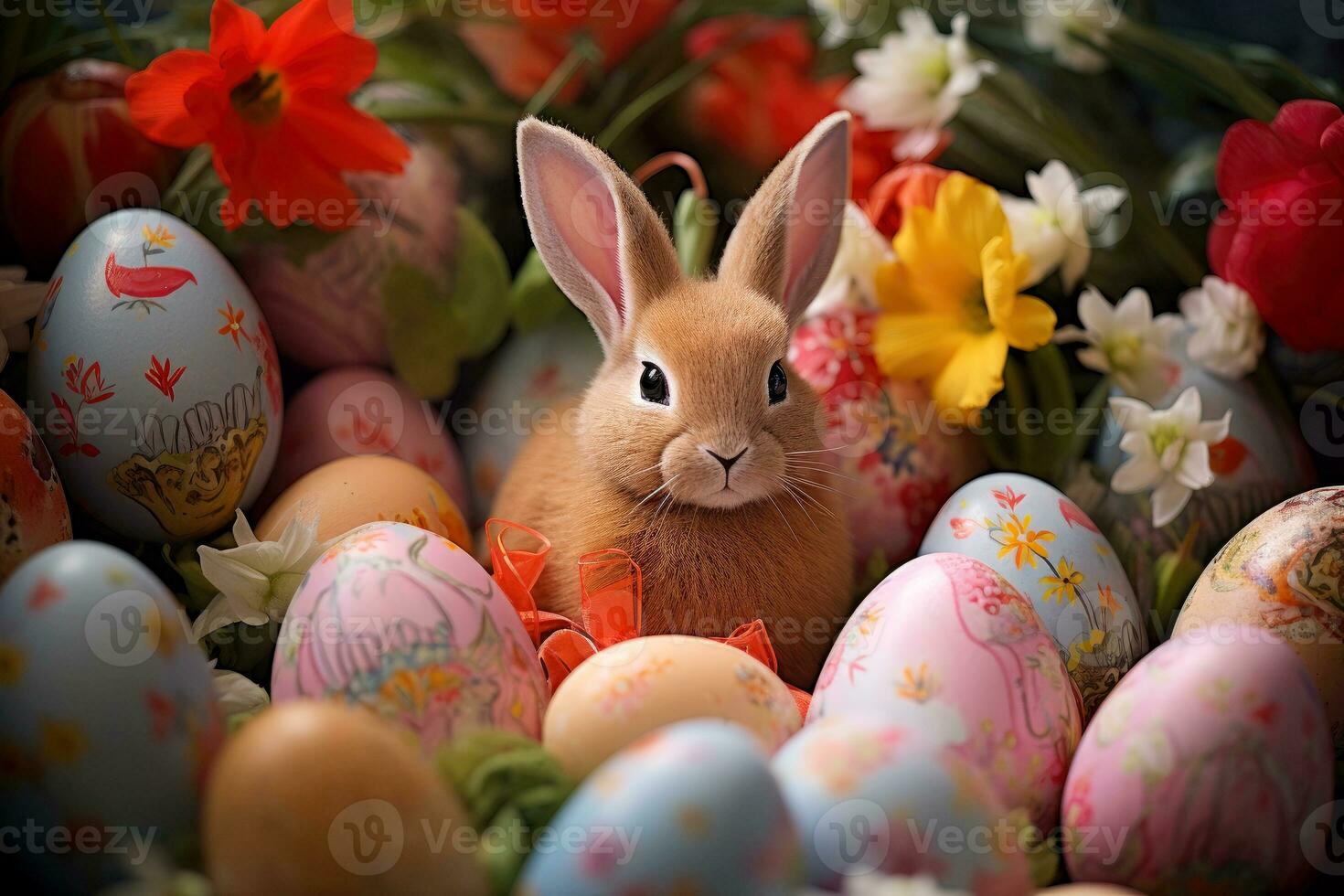 AI generated Easter bunny with Easter eggs. Generative AI. photo