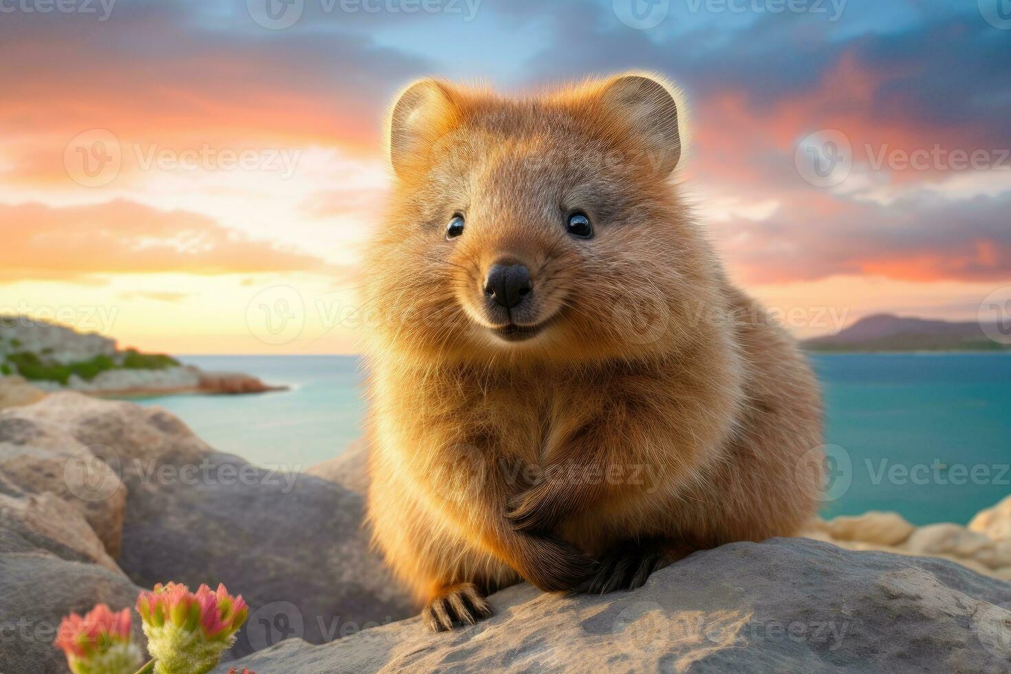 AI generated A joyful quokka invites you to visit Rottnest Island in Perth, Australia. Generative AI photo