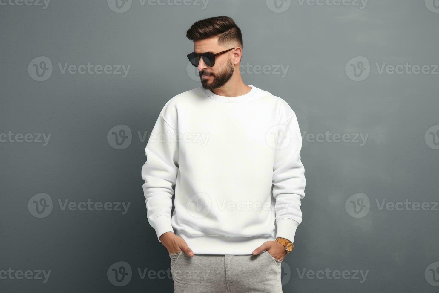 AI generated man wearing a white Blank mockup sweater . Generative AI photo