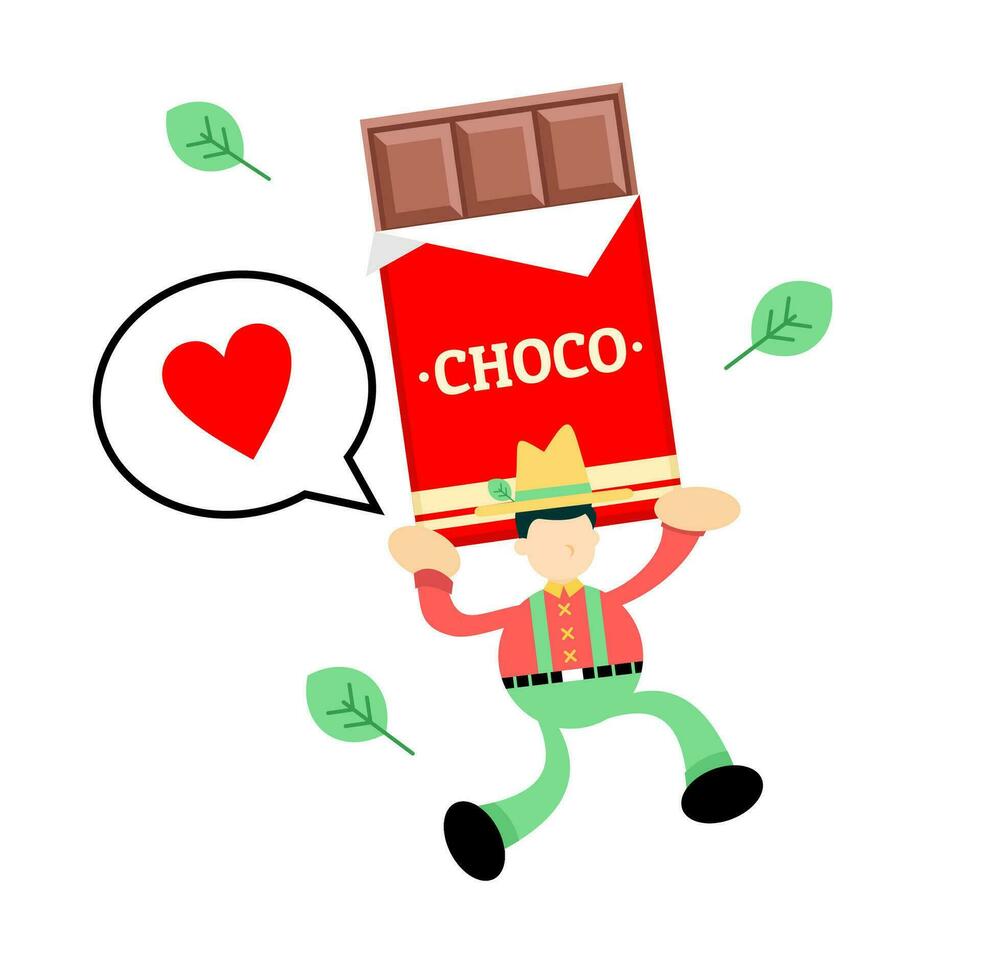 farmer man agriculture and chocolate candy bar snack cartoon doodle flat design style vector illustration