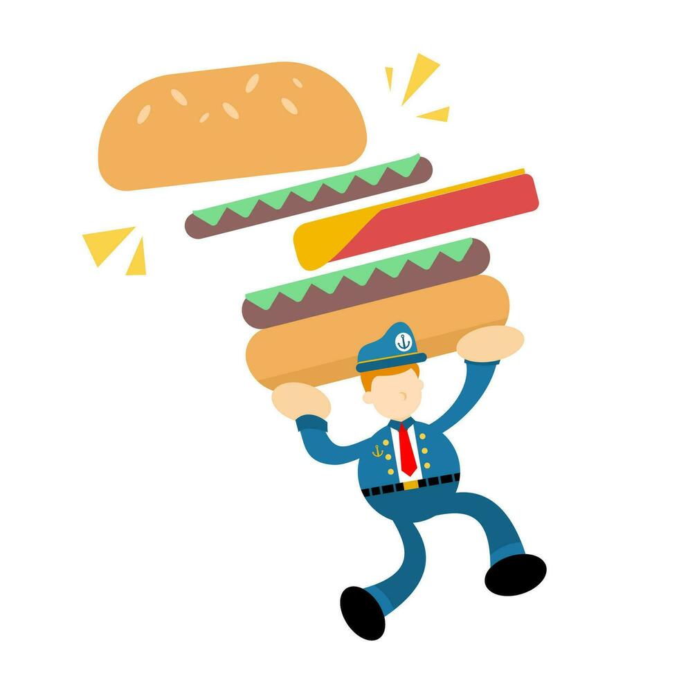 contento marinero capitán Armada y comer hamburguesa rápido comida dibujos animados garabatear plano diseño estilo vector ilustración