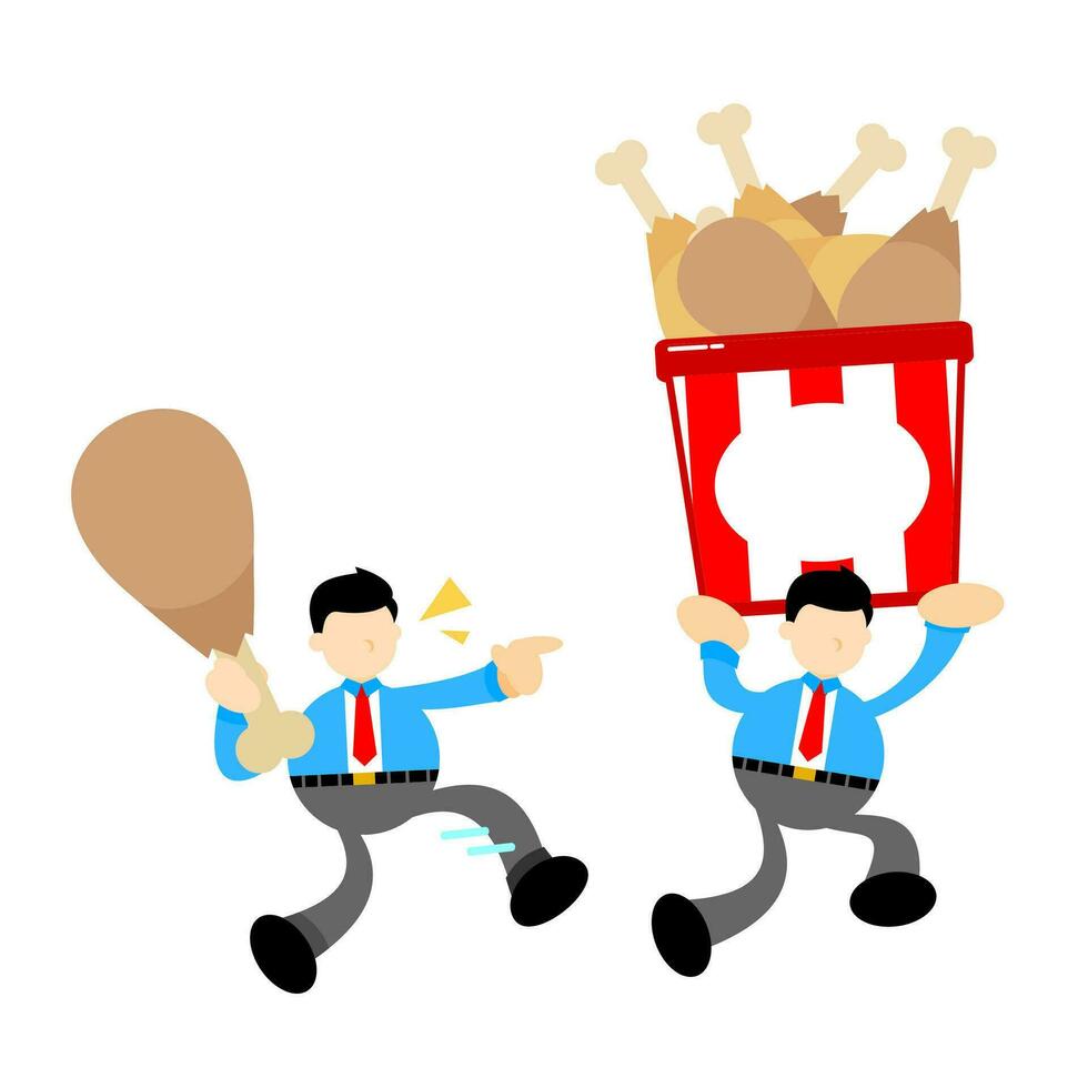 empresario trabajador y pollo palillo de tambor Cubeta caja bocadillo dibujos animados garabatear plano diseño estilo vector ilustración