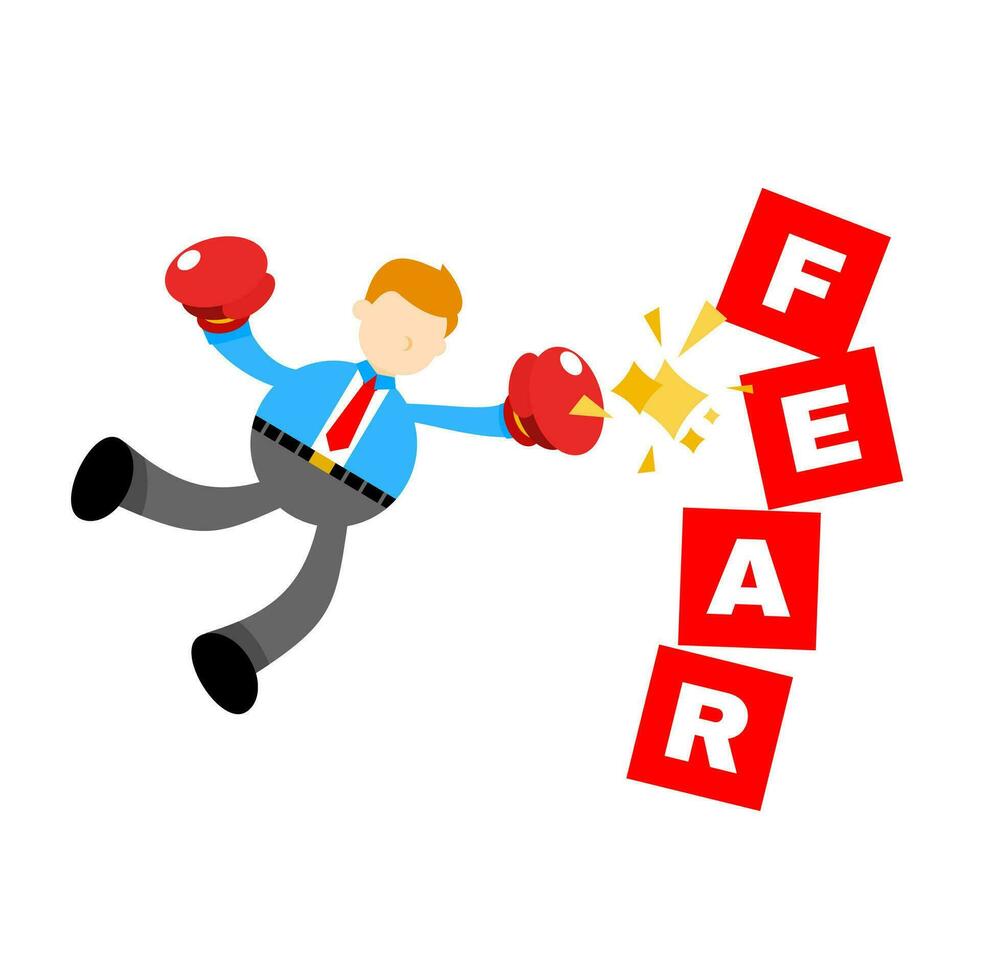 businessman worker struggle punch fear word box cartoon doodle flat design style vector illustration