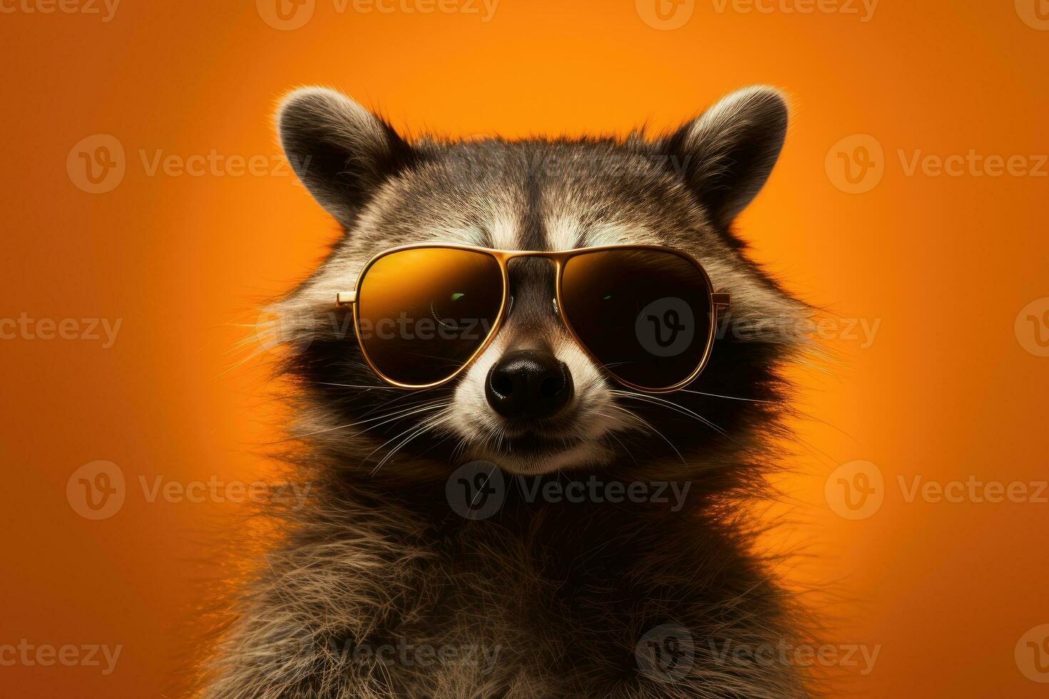 AI generated Funny raccoon wearing sun glasses , isolated on orange background generative ai photo