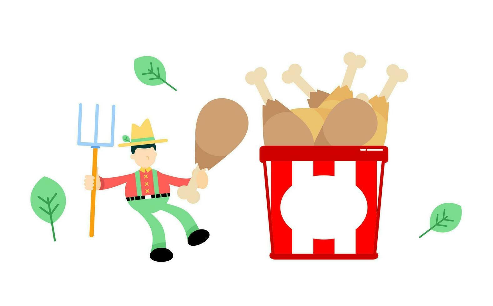 granjero hombre agricultura y pollo palillo de tambor Cubeta caja bocadillo dibujos animados garabatear plano diseño estilo vector ilustración