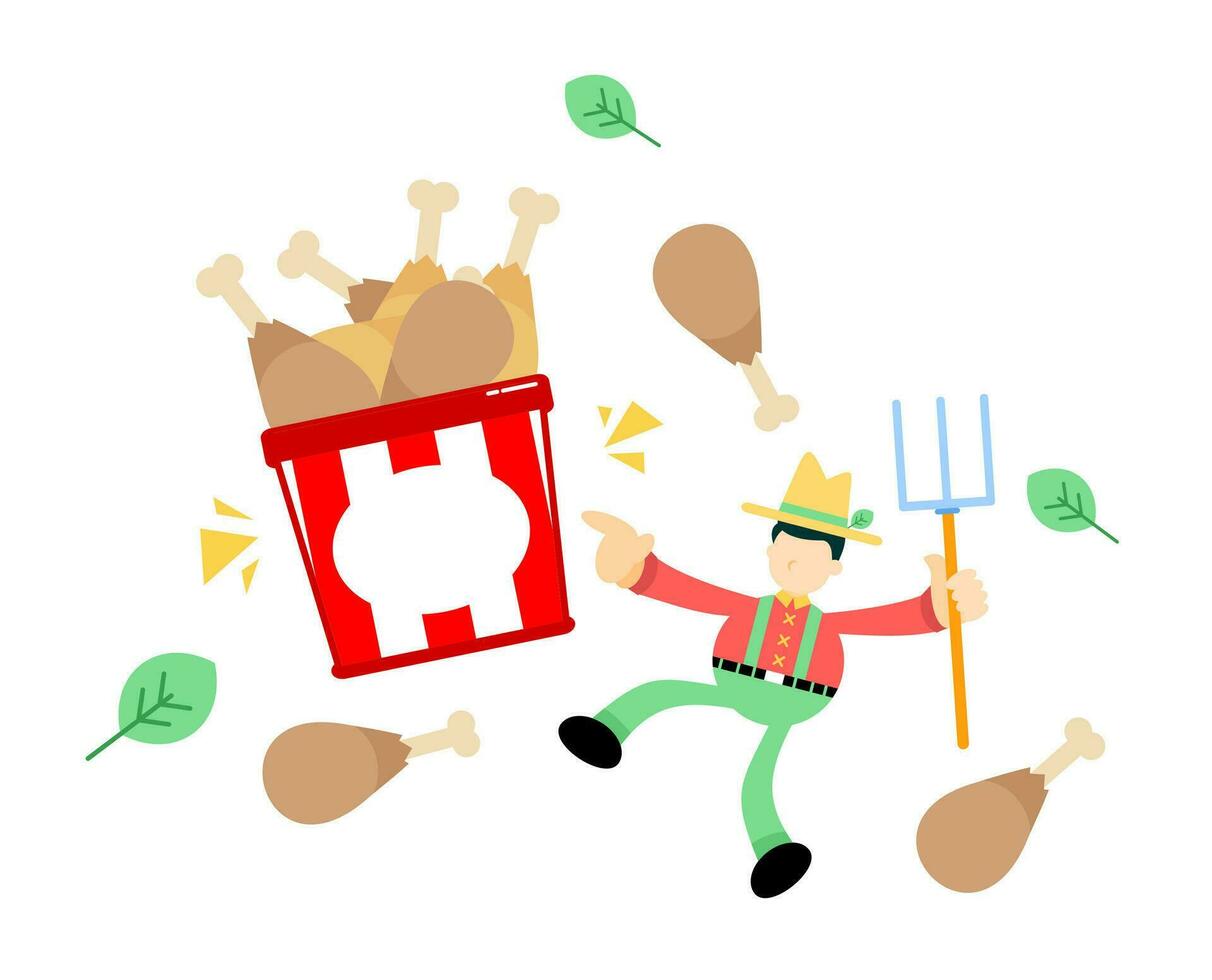 farmer man agriculture and chicken drumstick bucket box snack cartoon doodle flat design style vector illustration