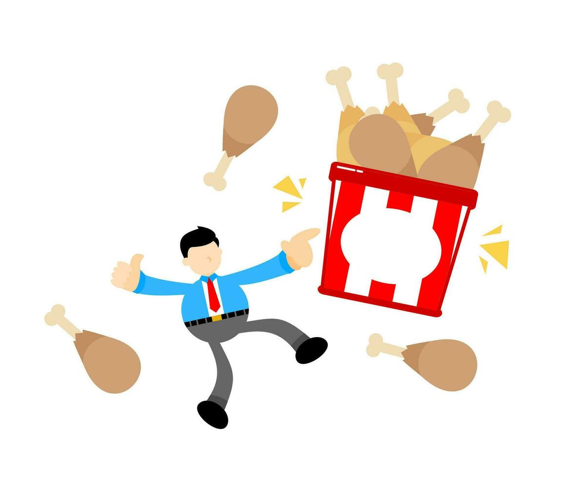 businessman worker and chicken drumstick bucket box snack cartoon doodle flat design style vector illustration