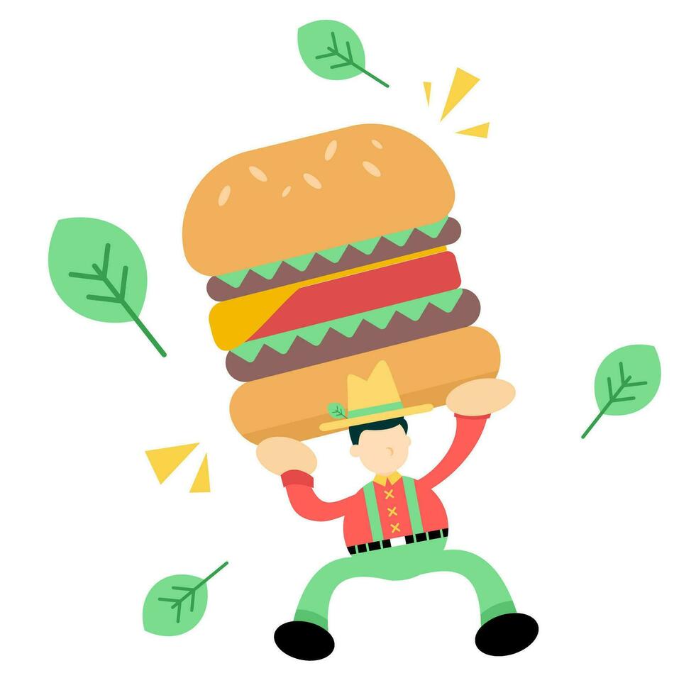 contento granjero hombre agricultura y comer hamburguesa rápido comida dibujos animados garabatear plano diseño estilo vector ilustración