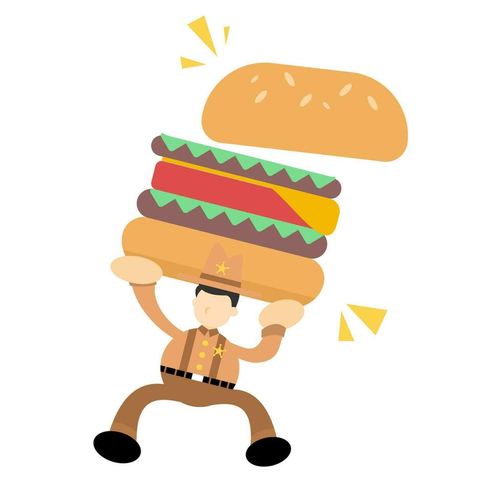 contento America vaquero y comer hamburguesa rápido comida dibujos animados garabatear plano diseño estilo vector ilustración