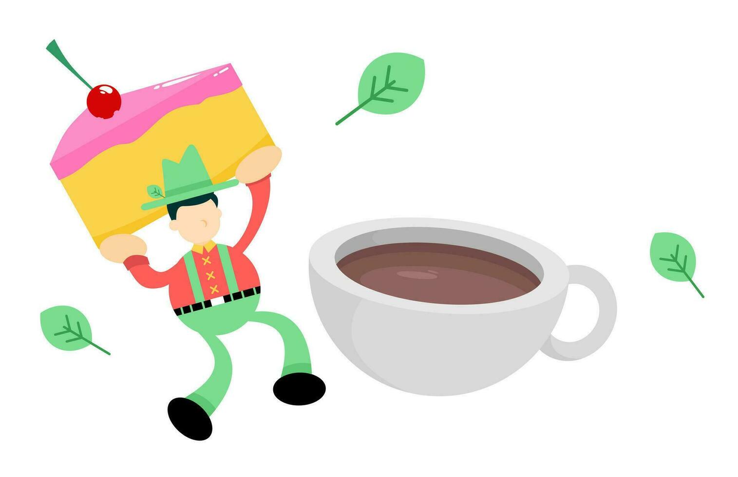farmer man agriculture and sweet cake drink coffee cup cartoon doodle flat design style vector illustration