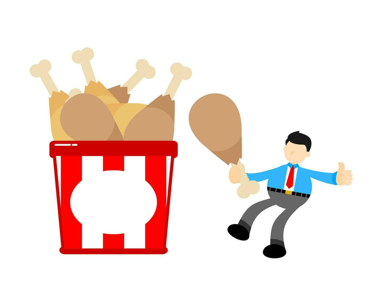 empresario trabajador y pollo palillo de tambor Cubeta caja bocadillo dibujos animados garabatear plano diseño estilo vector ilustración