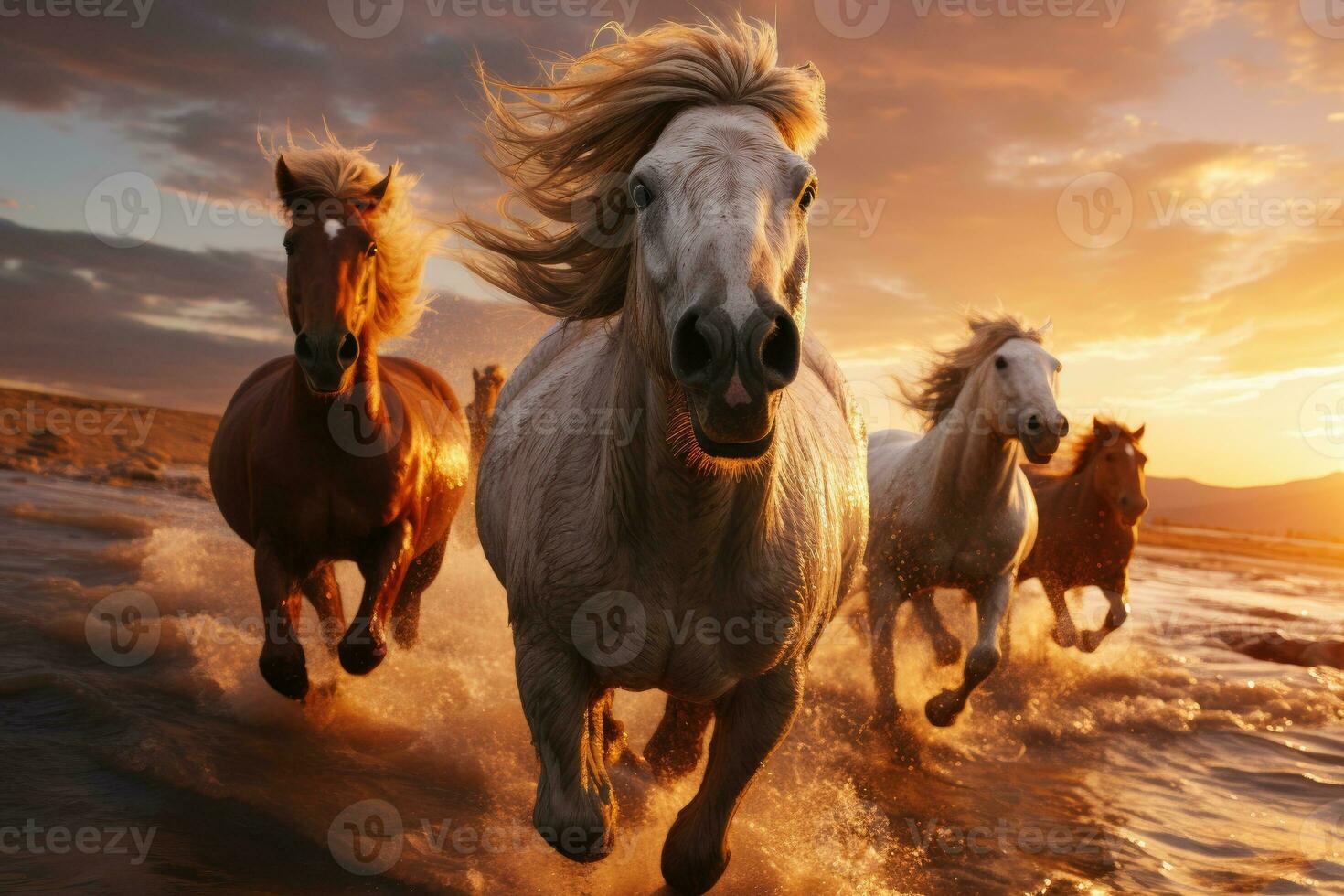 AI generated horses running on beach through sea water at sunset. generative AI photo
