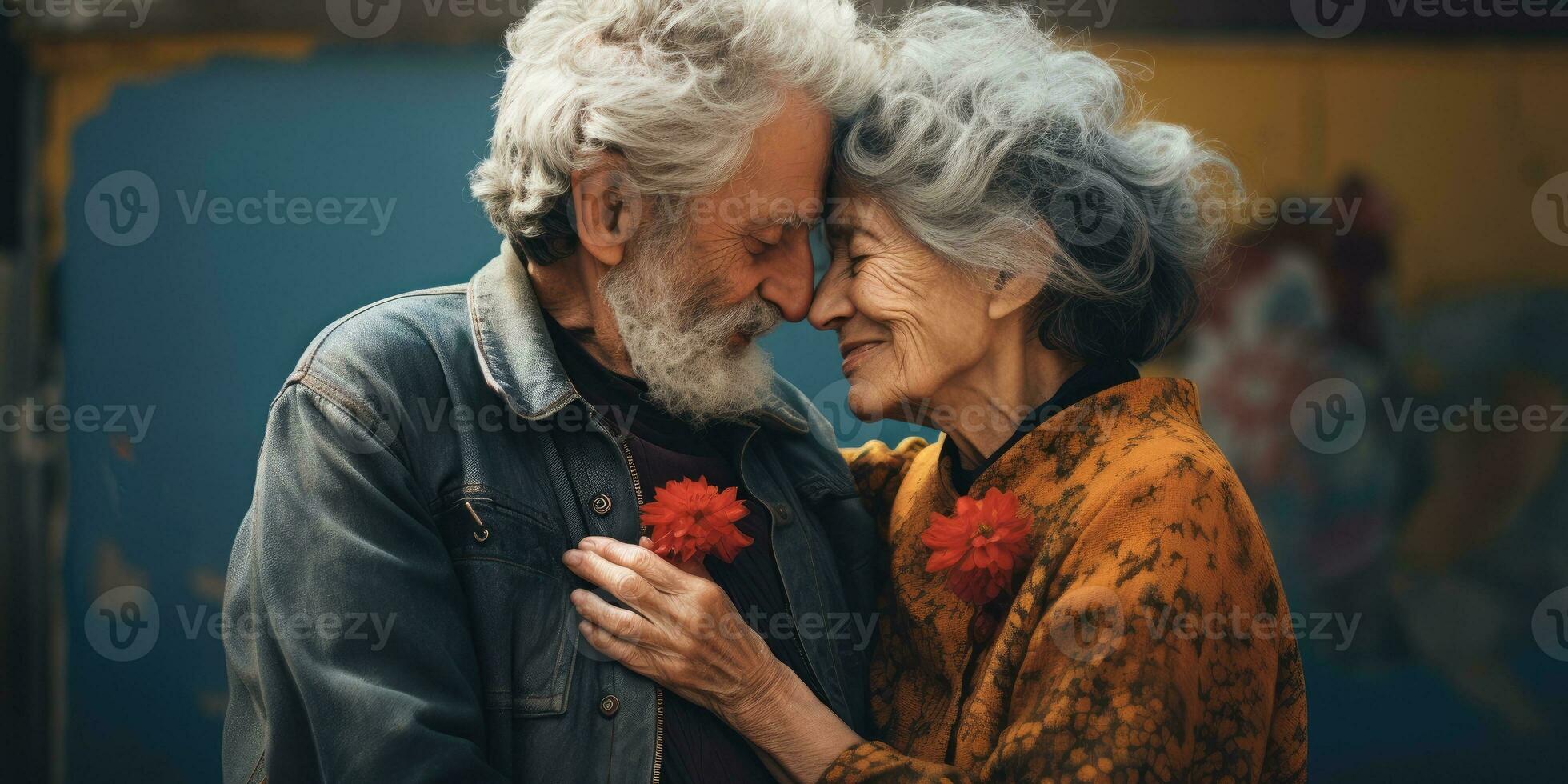AI generated Elderly Couple Embraces Tenderly, Wrapping Each Other in Love's Warmth, AI generated photo