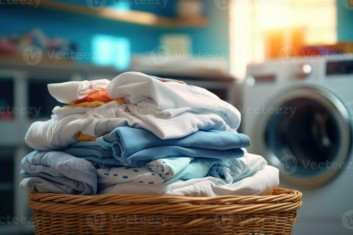 AI generated clothes in basket at laundry shop with Modern washing machine .Generative AI photo