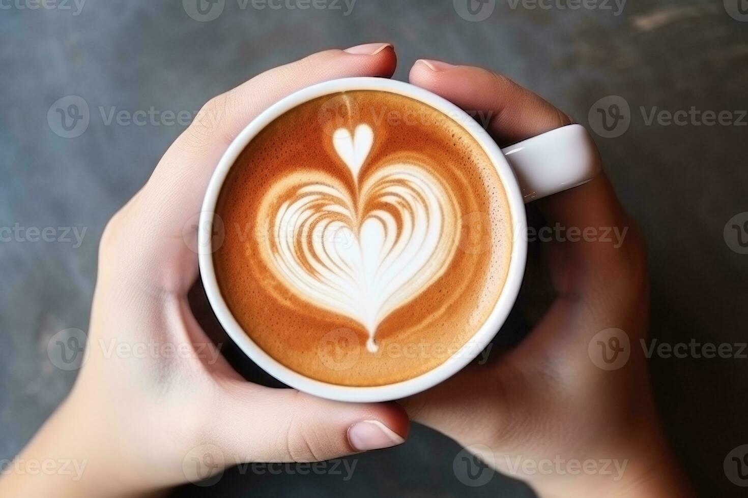 AI generated Female hands holding a cup of coffee with heart foam . Hot coffee with a heart. ai generative photo