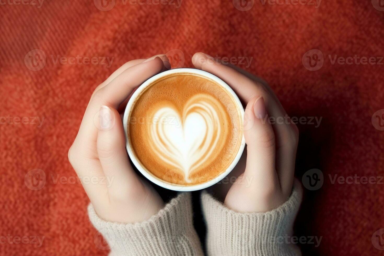 AI generated Female hands holding a cup of coffee with heart foam . Hot coffee with a heart. ai generative photo