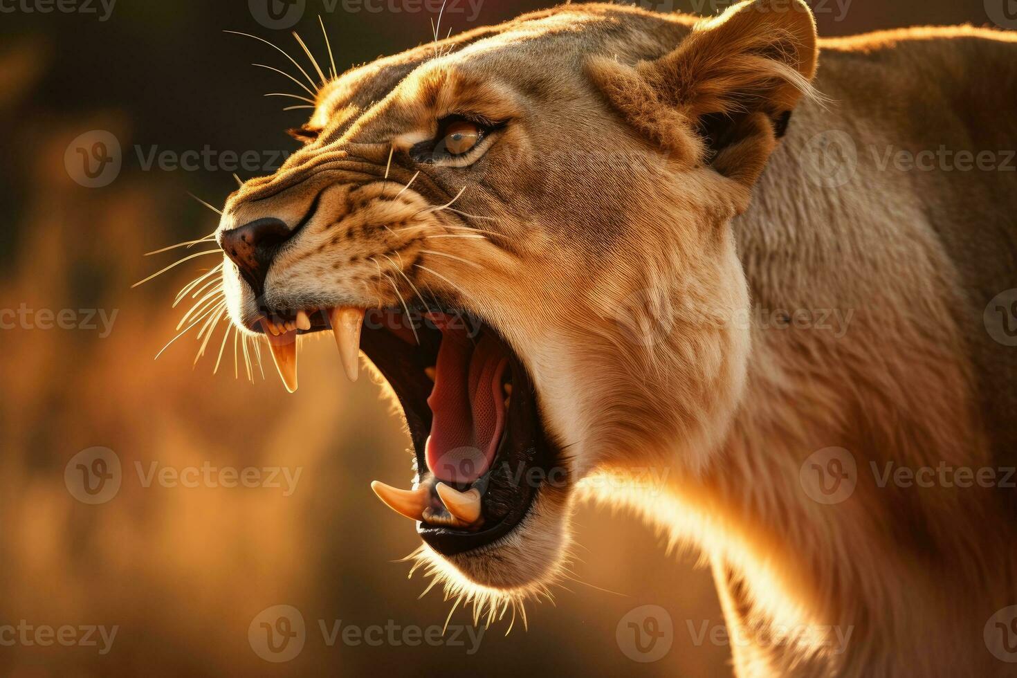 AI generated Close-up of an angry roaring lion ready to attack. Generative AI photo