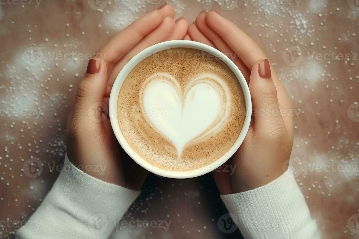 AI generated Female hands holding a cup of coffee with heart foam . Hot coffee with a heart. ai generative photo