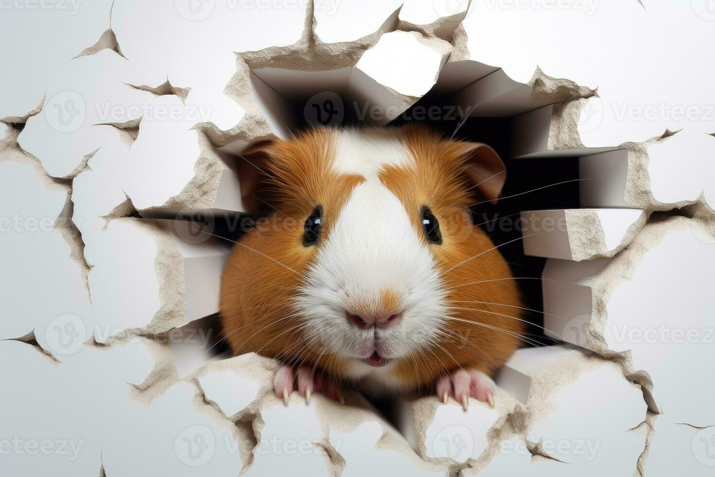 AI generated Cute guinea pig peeking out of a hole in wall for mockup. Generative AI photo