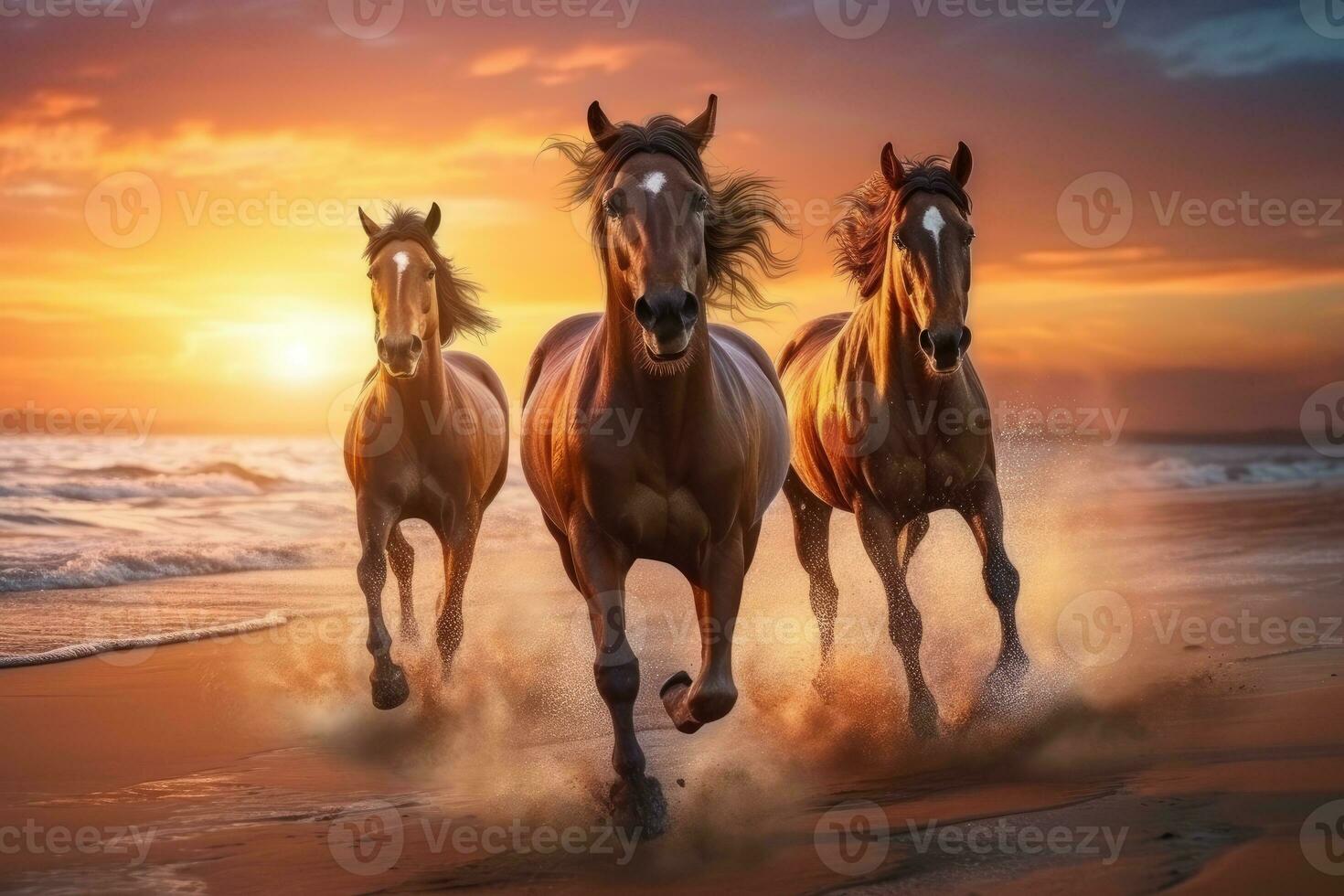 AI generated horses running on beach through sea water at sunset. generative AI photo