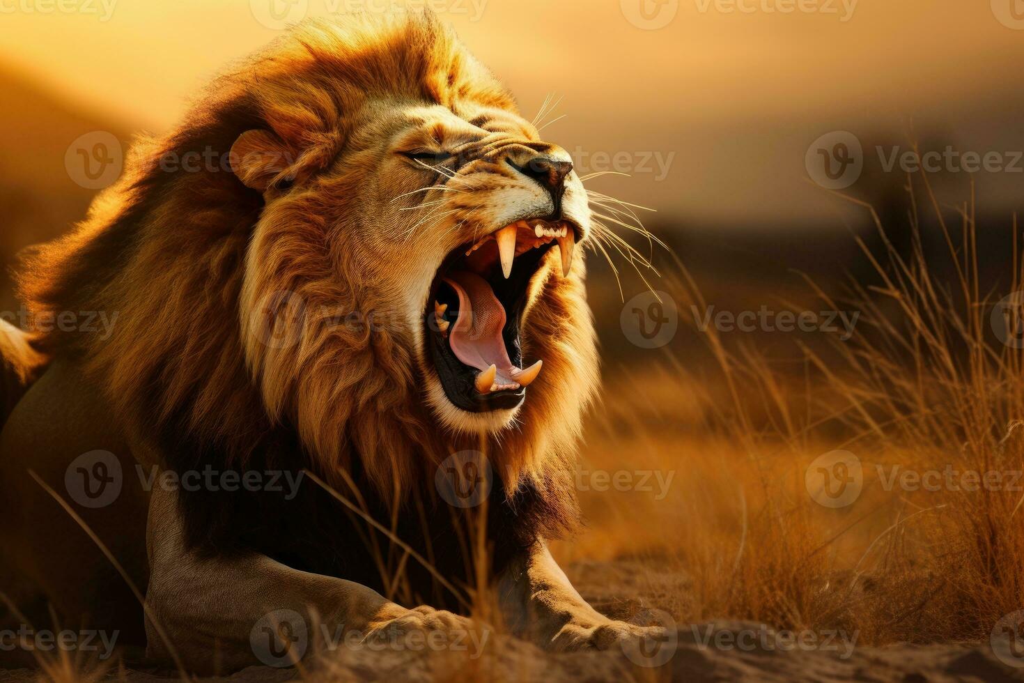 AI generated Close-up of an angry roaring lion ready to attack. Generative AI photo