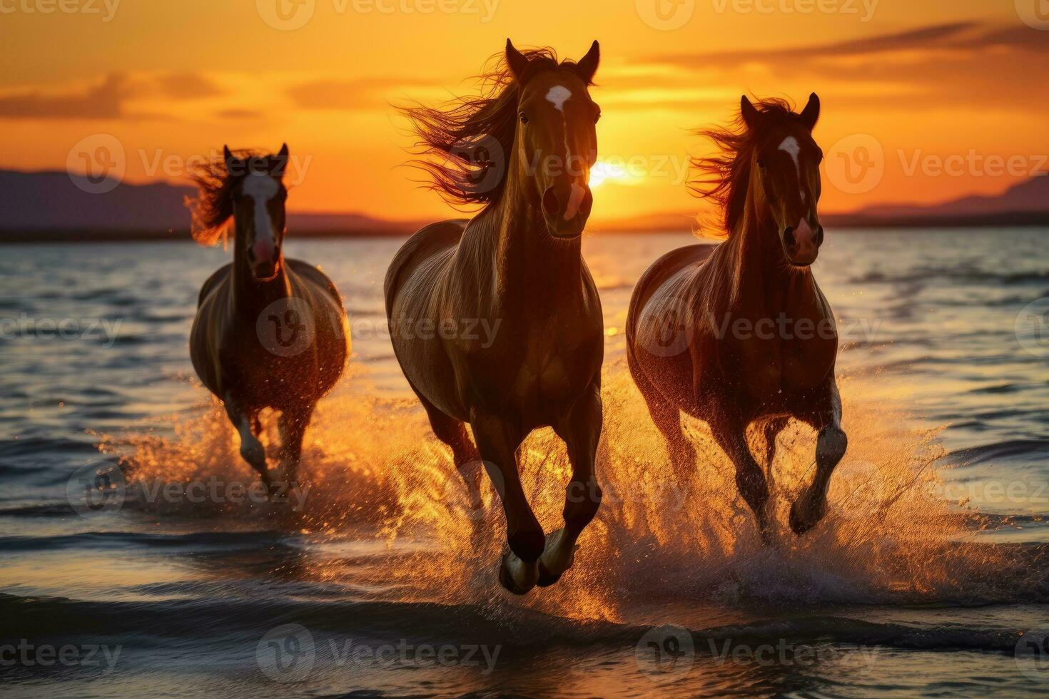 AI generated horses running on beach through sea water at sunset. generative AI photo