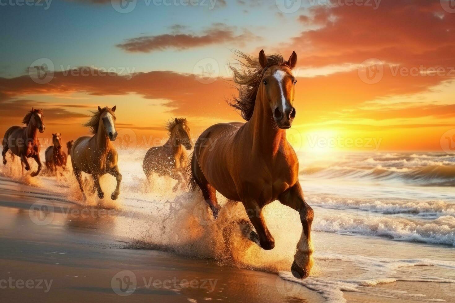 AI generated horses running on beach through sea water at sunset. generative AI photo