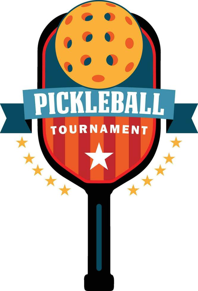 Pickleball tournament logo with bat and ball. In the middle of the bat