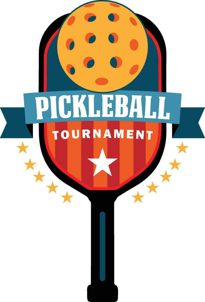 Pickleball tournament logo with bat and ball. In the middle of the bat is the title ribbon. It can be used for pickleball clubs, tournaments and etc. vector