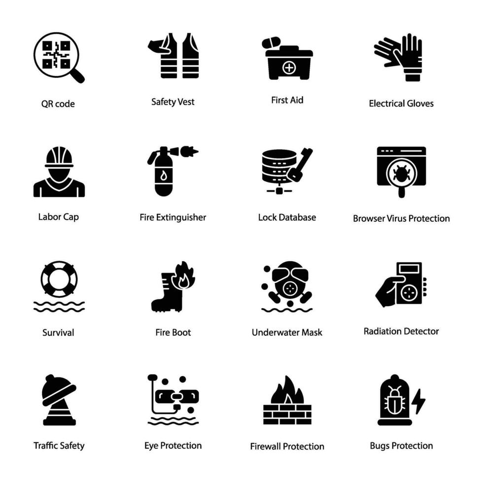 Safety and Protection Glyph Vector Icons Set