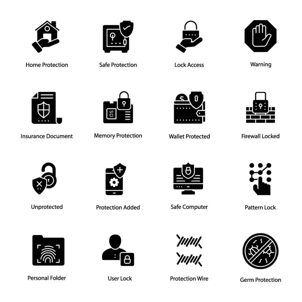 Security and Protection Glyph Vector Icons Set