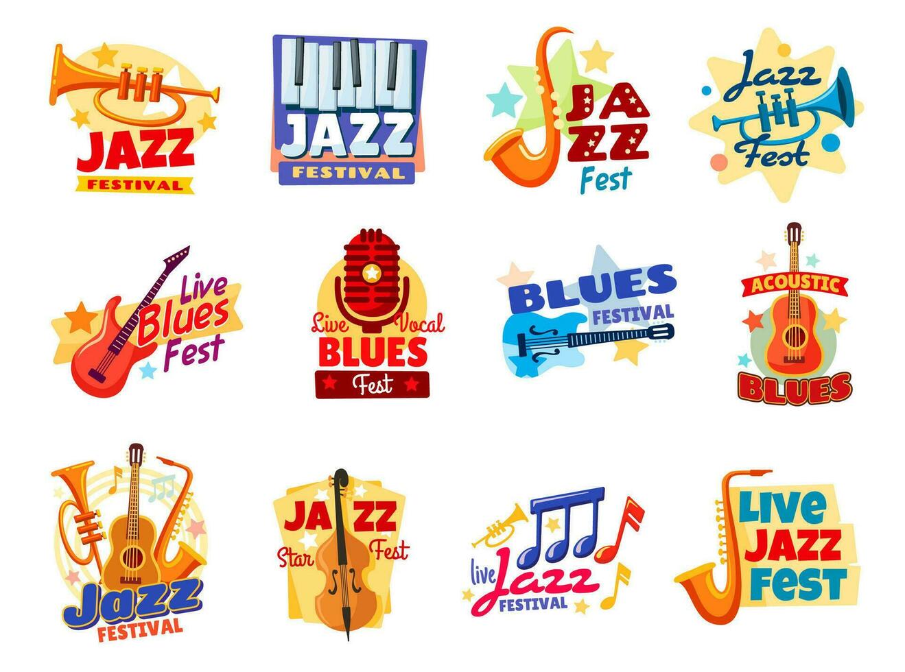 Jazz and blues music festival, concert icons vector