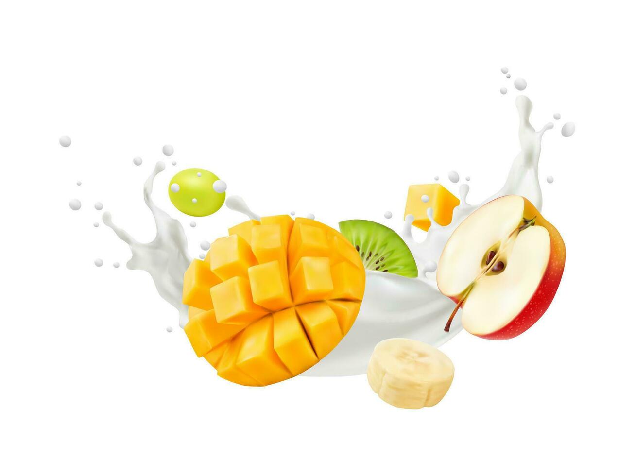 Realistic yogurt drink splash with tropical fruits vector