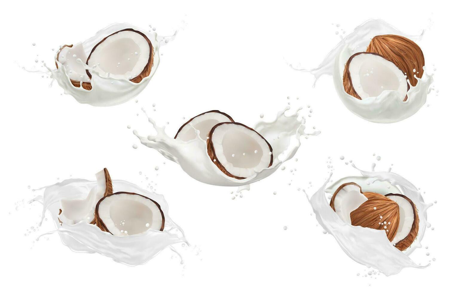 Realistic coconut milk drink splashes with drops vector