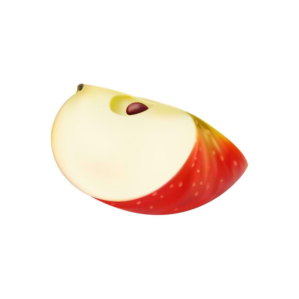 Realistic red apple, half cut, quarter fruit slice vector