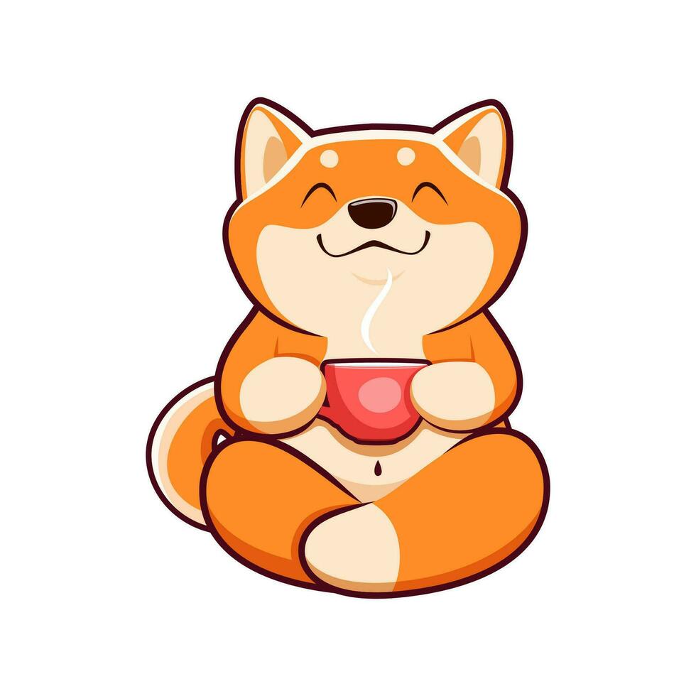 dibujos animados shiba inu perro con café o té taza vector
