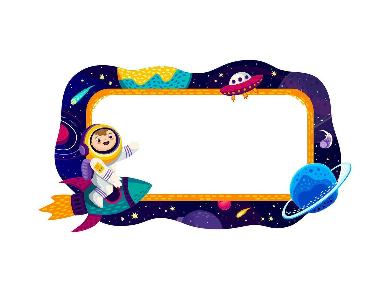 Frame with space planets kid astronaut at galaxy vector