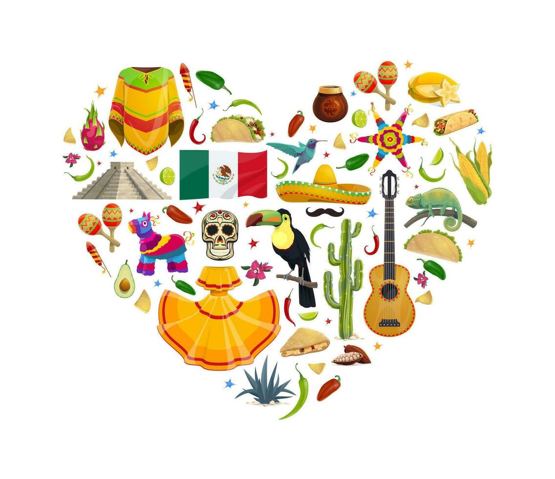 Mexico heart with national cuisine, animals, flag vector