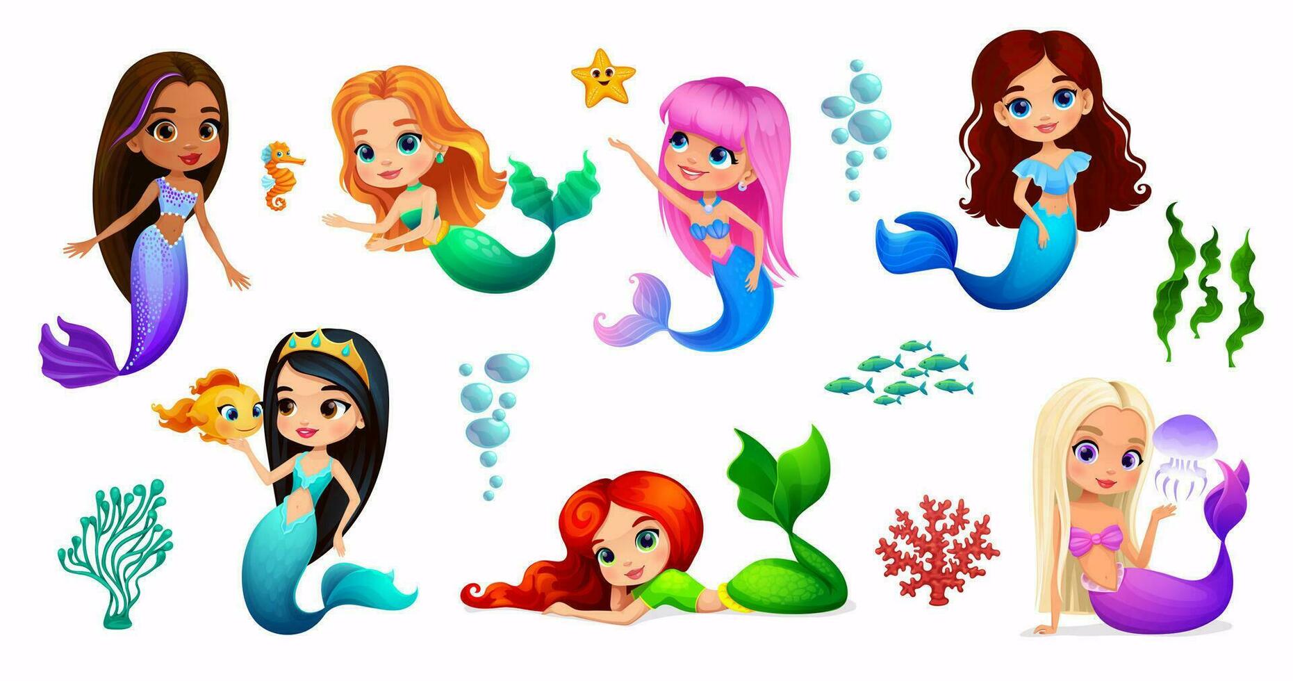 Cartoon mermaid characters, little sea princess vector