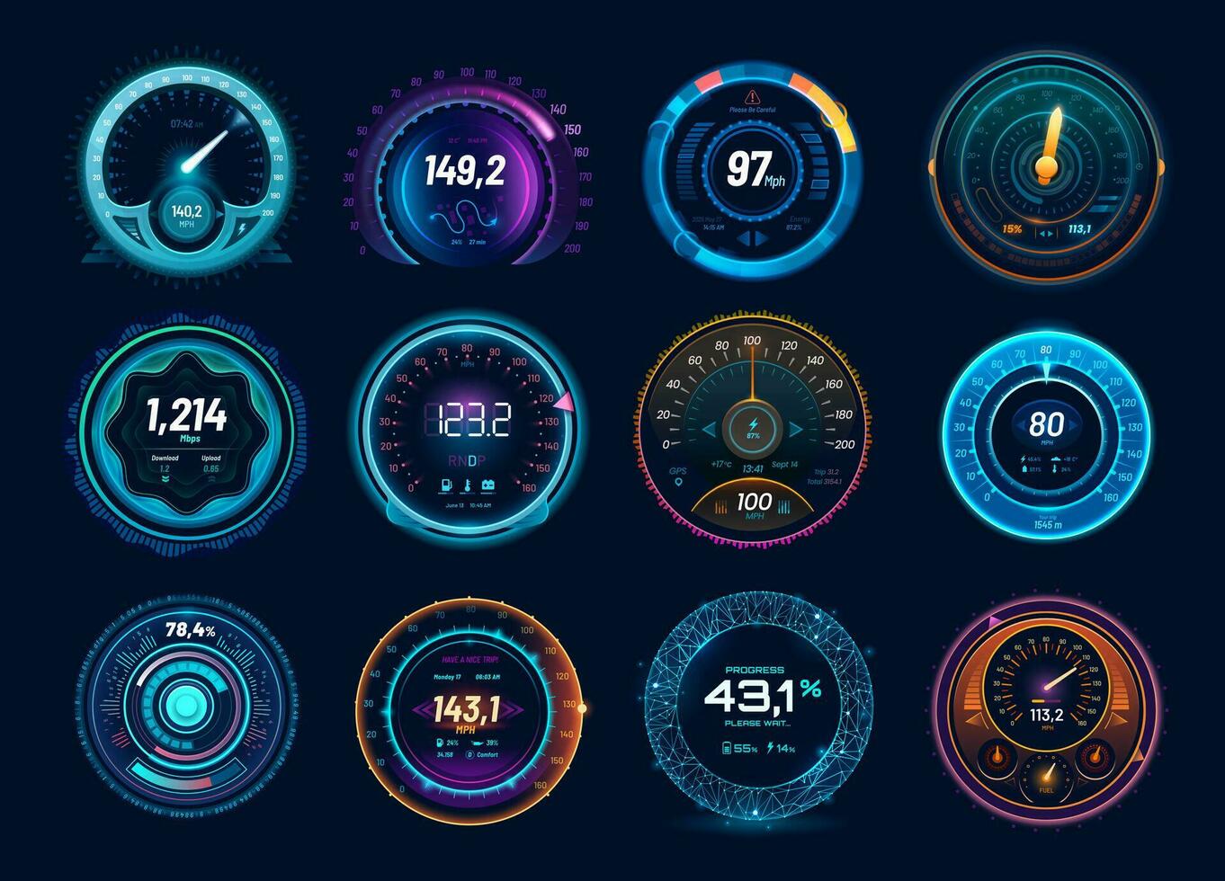 Speedometer dials, car and internet traffic gauges vector