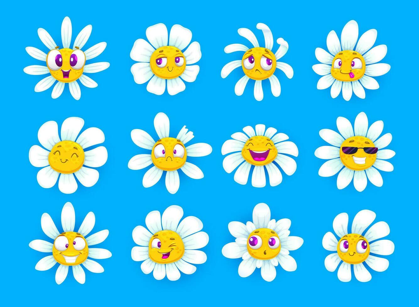 Cartoon chamomile flower characters funny faces vector