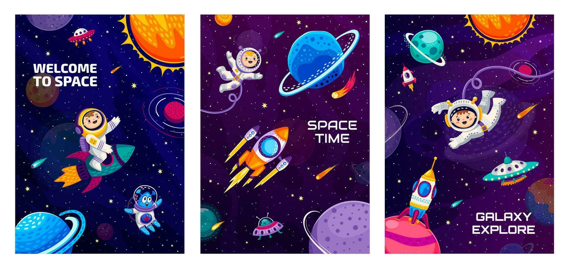 Cartoon space posters. Astronauts, spaceship, ufo vector