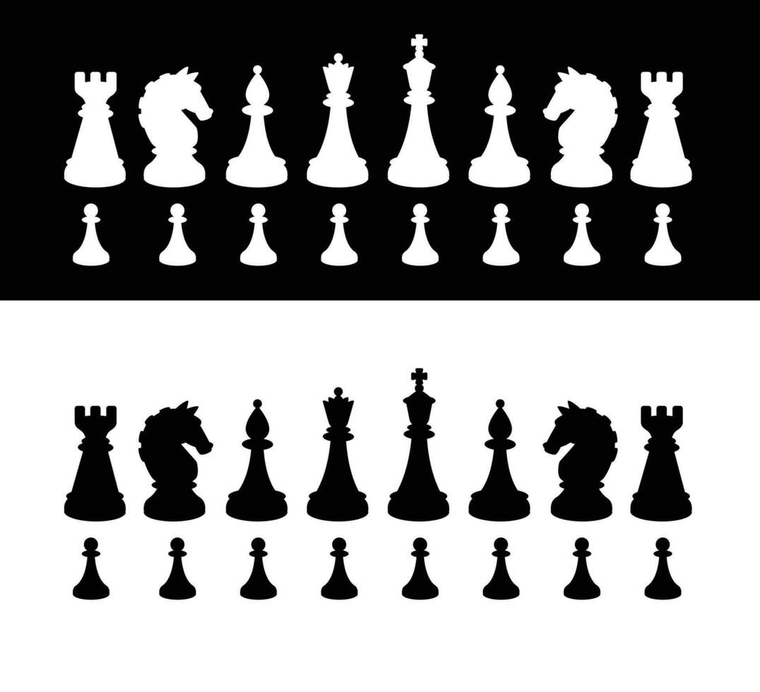 Black and white chess pieces. Vector silhouettes. The image is isolated from the background. Figures for playing chess. The material is ready for use in chess schools and design mock-ups.