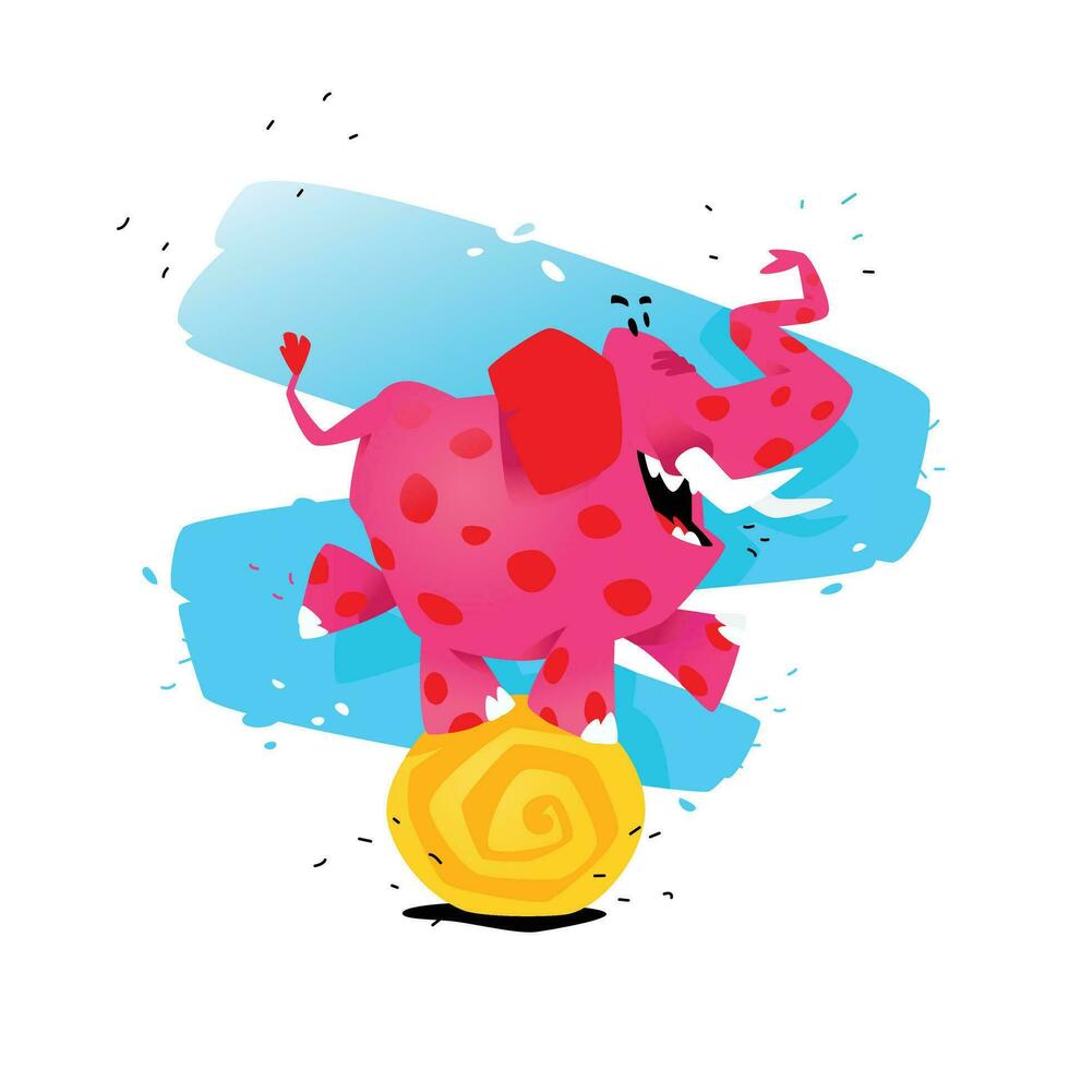 Illustration of a cartoon pink elephant on a ball. Vector illustration. Image is isolated on white background. Illustration for a banner, congratulations, holiday, children's shop. Mascot.